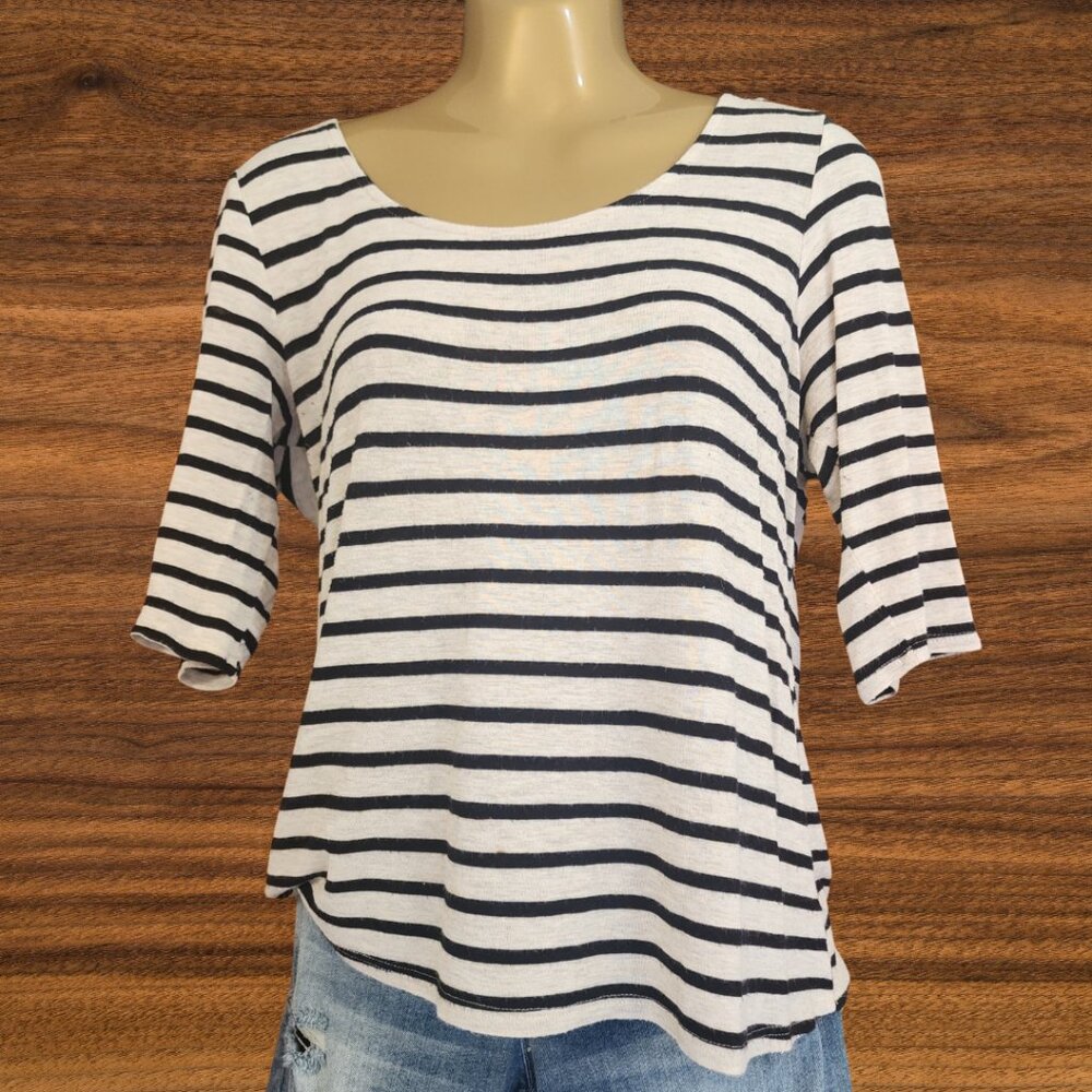 Bella D Striped Top with Coral Bow - Size Large